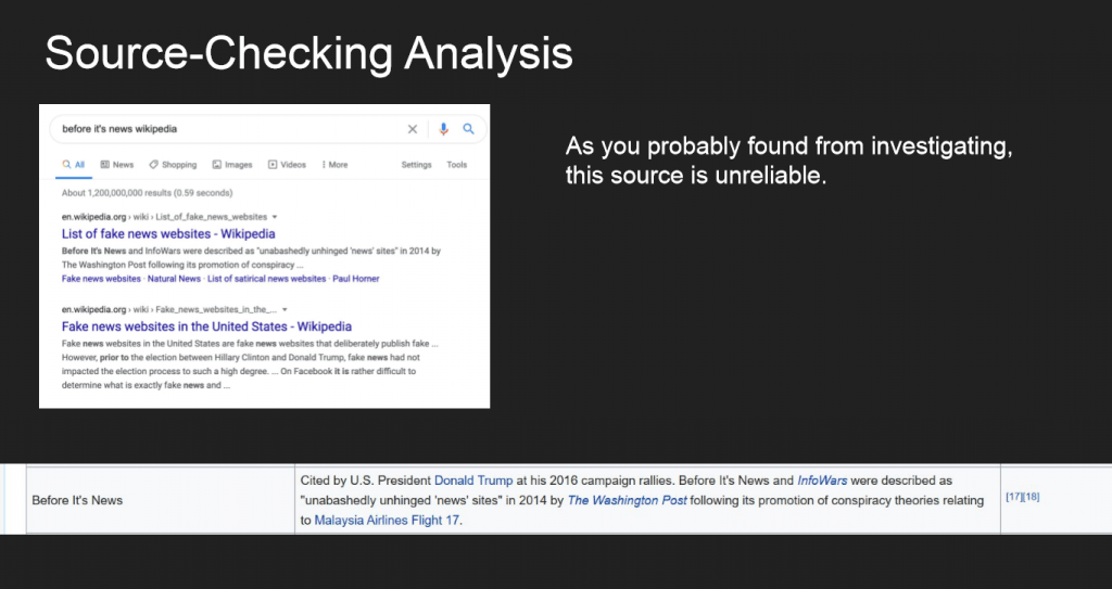 Source-checking analysis slide from MisinfoDay Jr. 