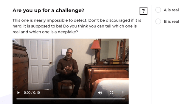 Spot the Deepfakes screengrab featuring a video featured in the online quiz