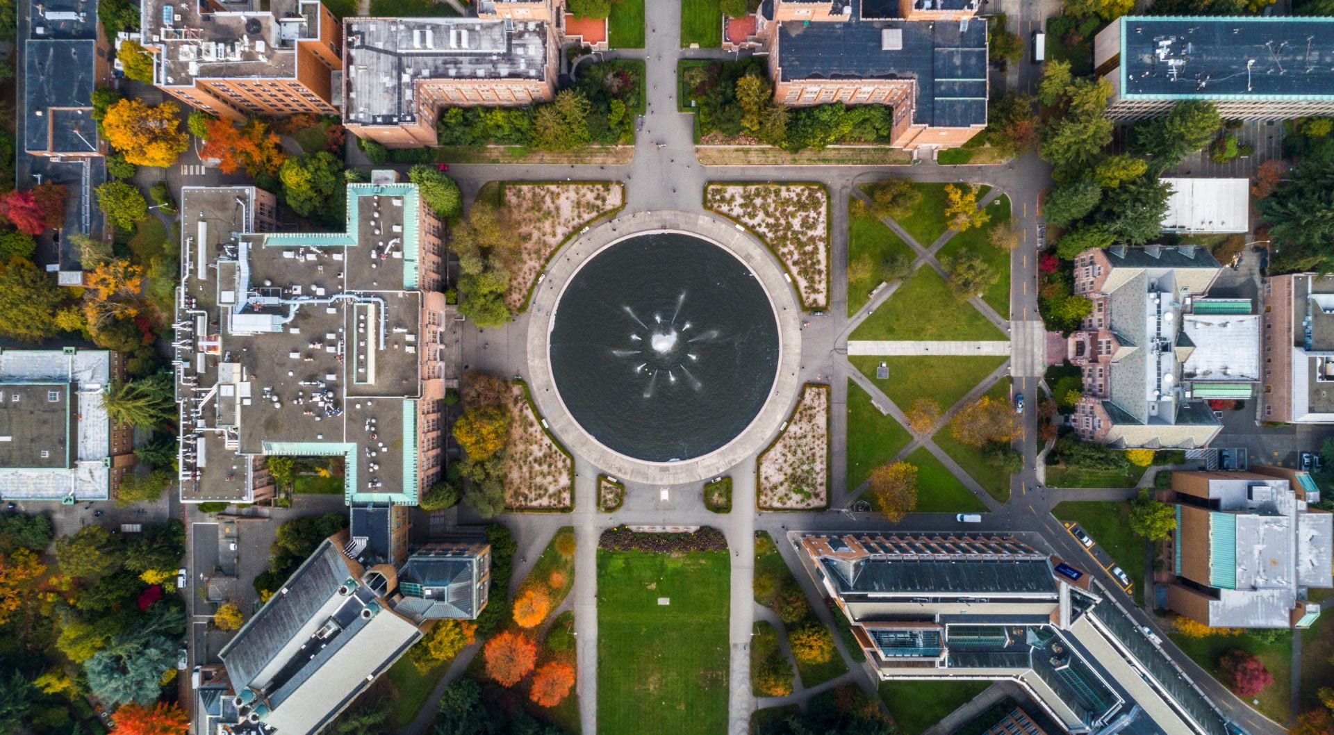 Aerial view of Drumheller Fountain at the University of Washington Seattle Campus