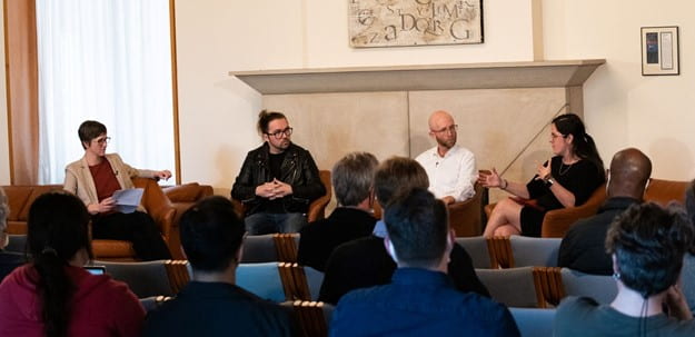 From left: Kate Starbird, Will Partin, Charley Johnson, and Cristina Lopez G., during a panel discussion in the UW Allen Library's Petersen Room