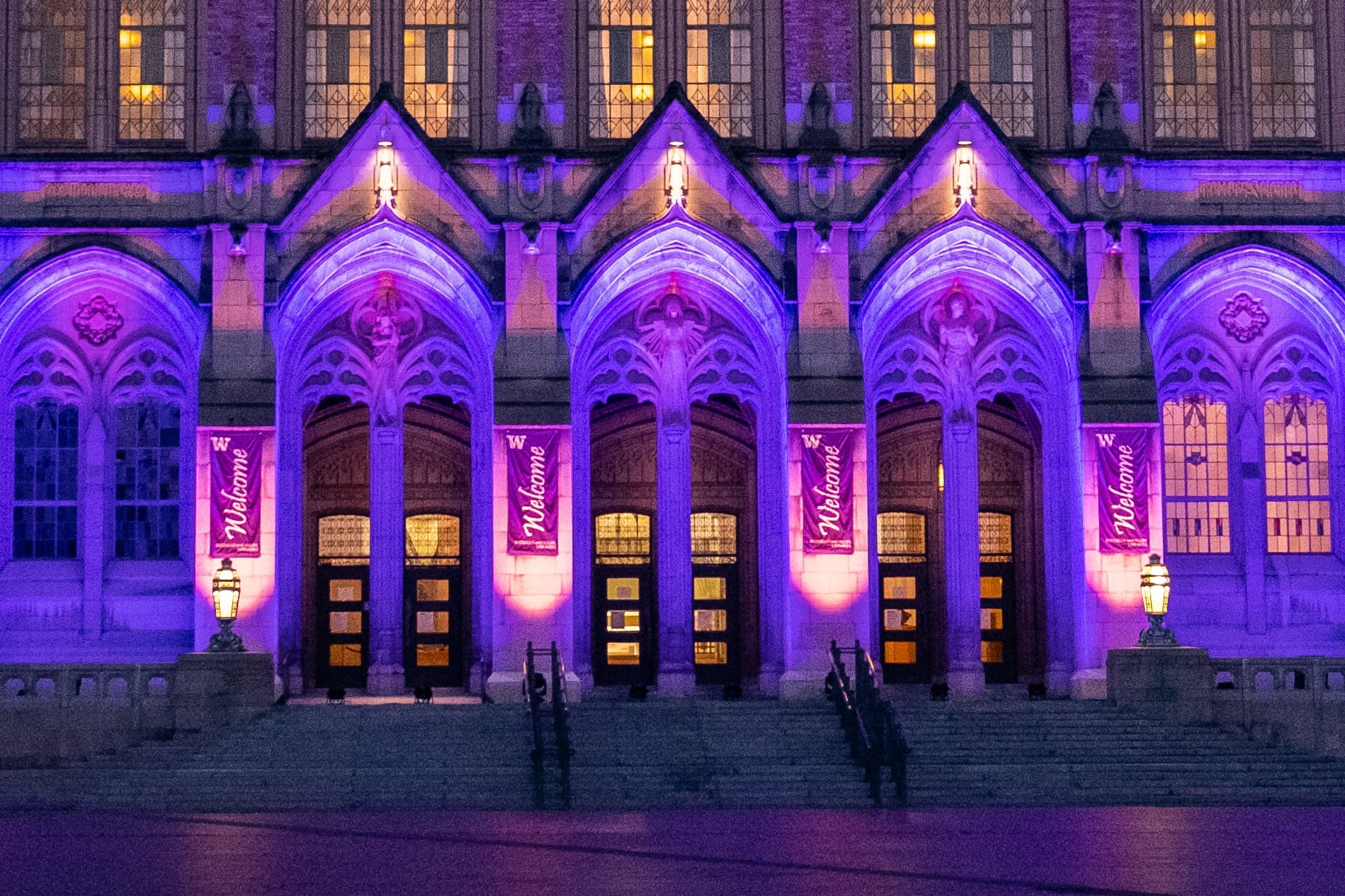 Suzzallo Library's west entrance lit up in UW purple at night.