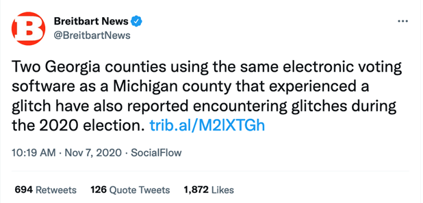 @BreitbartNews tweet from Nov. 7, 2020: Two Georgia counties using the same electronic voting software as a Michigan county that experienced a glitch also reported encountering glitches during the 2020 elections."