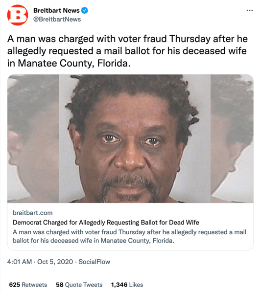 @BreitbartNews tweet from Oct 5, 2020: "A man was charged with voter fraud Thursday after allegedly requesting a mail ballot for his deceased wife in Manatee County, Florida.
