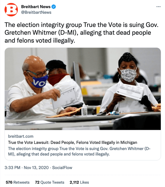 @BreitbartNews tweet from Nov. 11, 2020: "The election integrity group True the Vote is suing Gov. Gretchen Whitmer (D-MI), alleging that dead people and felons voted illegally."