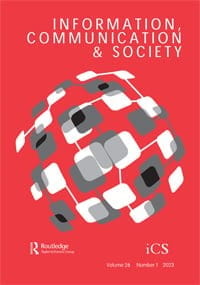 A red cover with a grey globe-shaped object for "Information, Communication & Society"