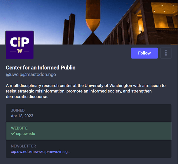 A screenshot of the UWCIP's Mastodon account, with the green verification checkmark.