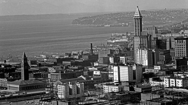 A black and white photo, taken in March 1954, of downtown Seattle.
