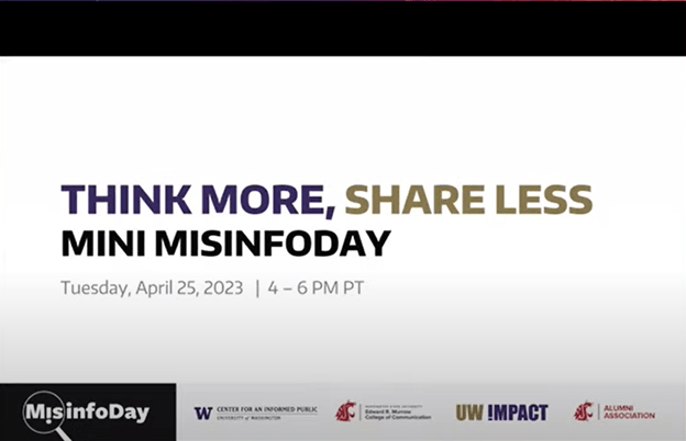 A title slide for Mini MisinfoDay: "Think more, share less"