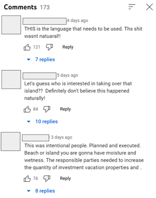 A screenshot of a YouTube video's comments reacting to claims that the Maui wildfires were the result of a "Direct Energy Weapon"
