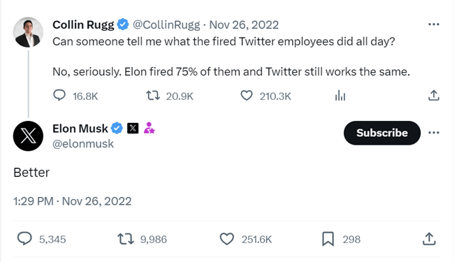 A screengrab of an exchange between @elonmusk and @collinrugg on X.