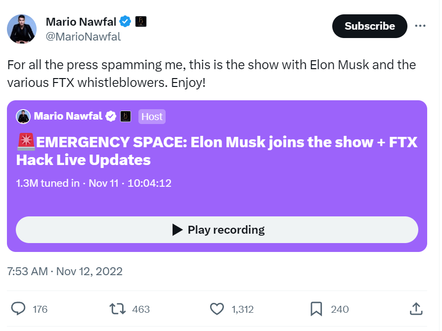 Nawfal’s account promoting a recording of a November 2022 Spaces event featuring Elon Musk.