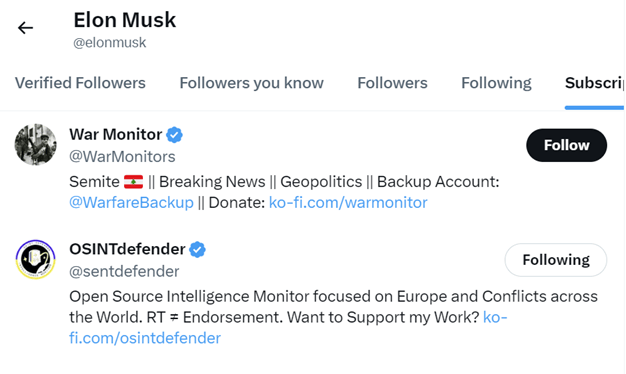 A screengrab of Elon Musk's X account showing subscriptions to @SentDefender and @WarMonitors