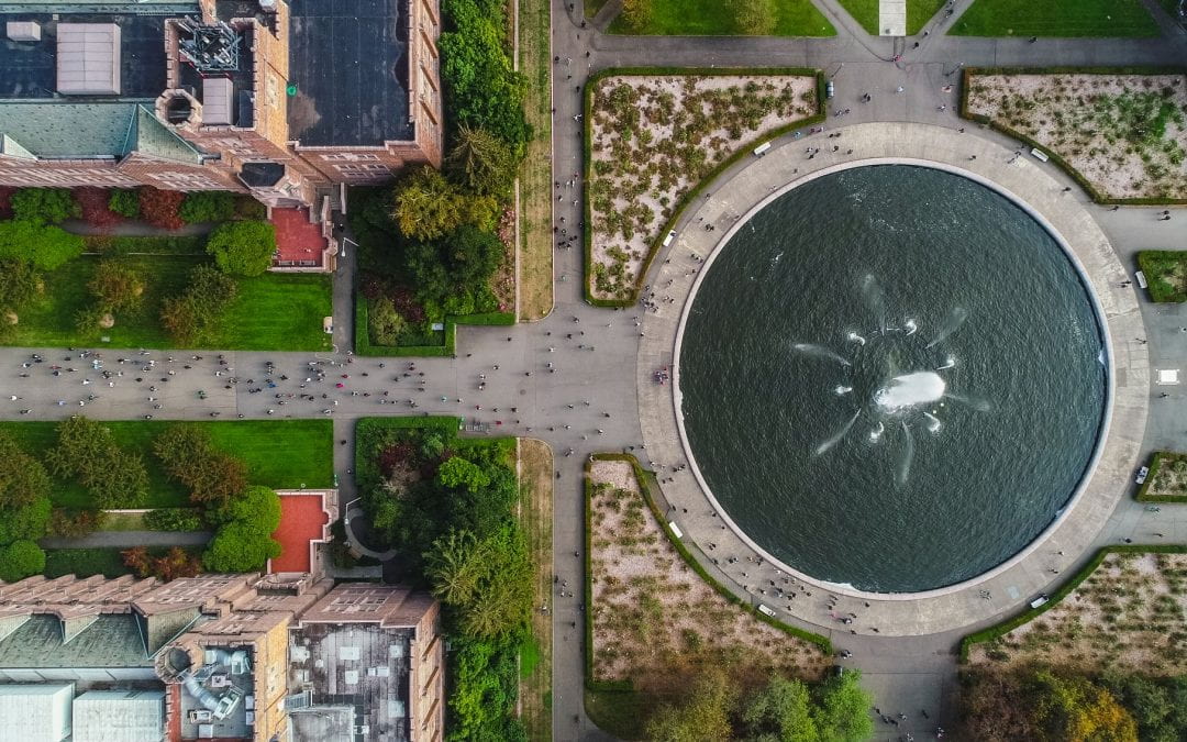 An aerial photo overlooking the Rainier Vista and Drumheller Fountain on the University of Washington campus in Seattle.