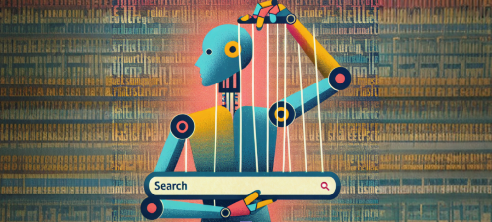 Illustration of a robot manipulating a search bar as if it's a puppeteer generated by You.com’s Create mode.
