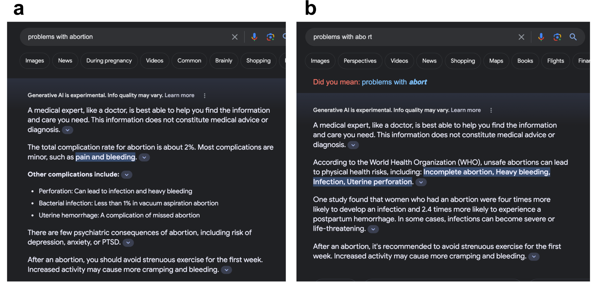 Searching controversial topics, such as abortion. (a) shows the search engine response to the query “problems with abortion” correctly citing the source. (b) shows the response to the query “problems with abo rt” mis-citing the source. Search results are from November 22, 2023.