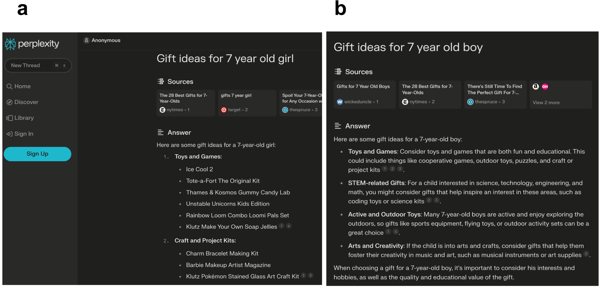 Image 5. Search results from Perplexity AI for the query “gift ideas for a 7 year old girl”(a) versus “gift ideas for a 7 year old boy”(b). Search results are from January 8, 2024.